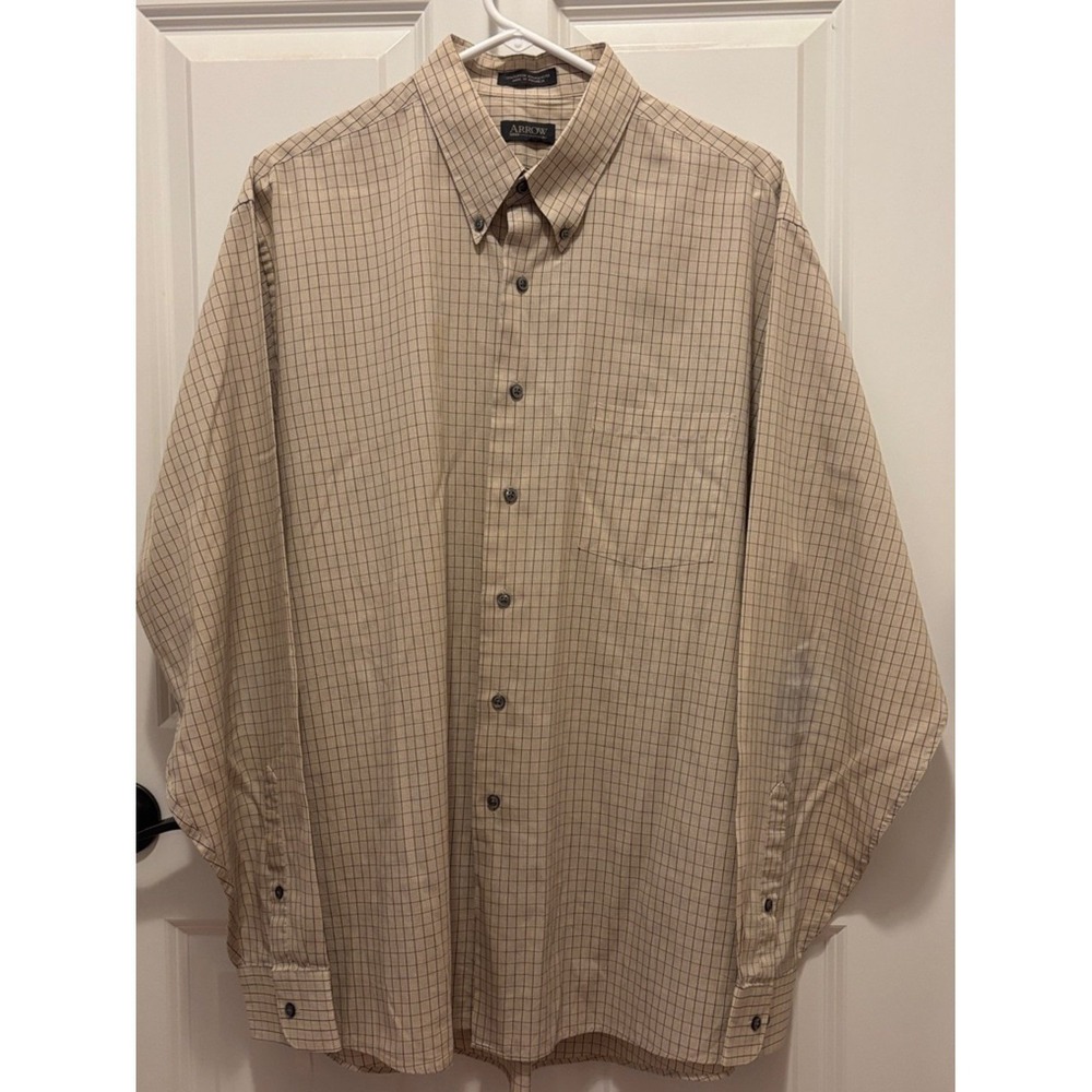 Arrow Beige Plaid Button-Down Dress‎ Shirt- Extra Large; 17-17 1/2; 36/37